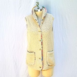 Ladies fleece vest, beige w floral lining & piping, pockets, button front, sz S
